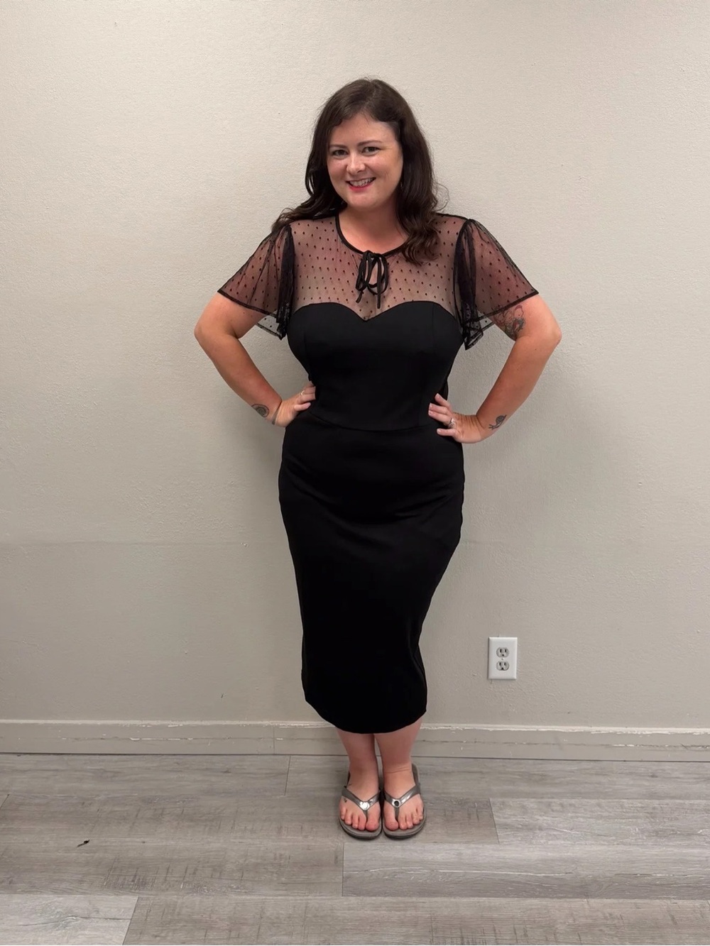 Unique Vintage Black Polka Dot Mesh Midi Dress - New - Size 16